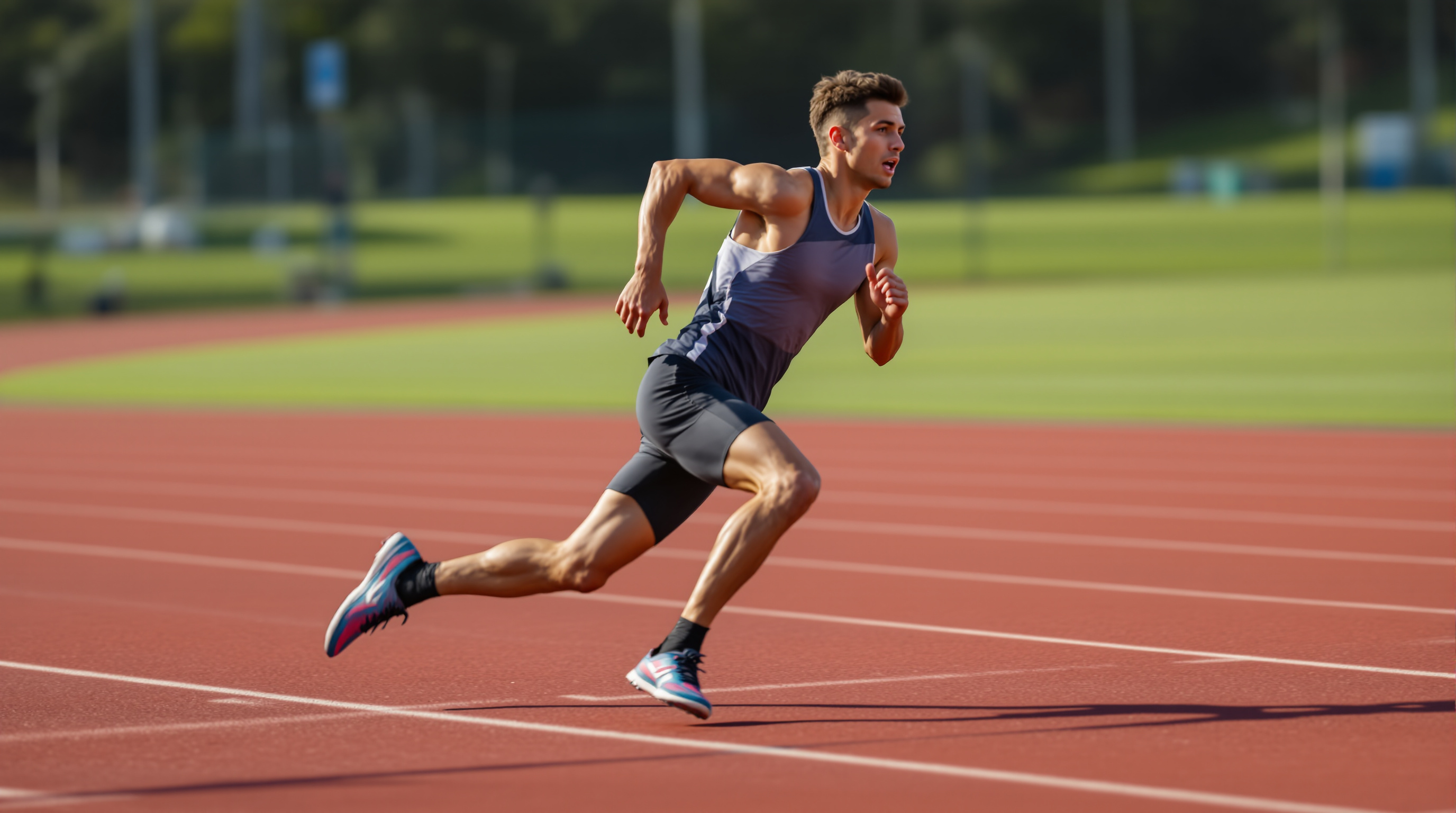 Athletic runner doing speed intervals on track with intensity