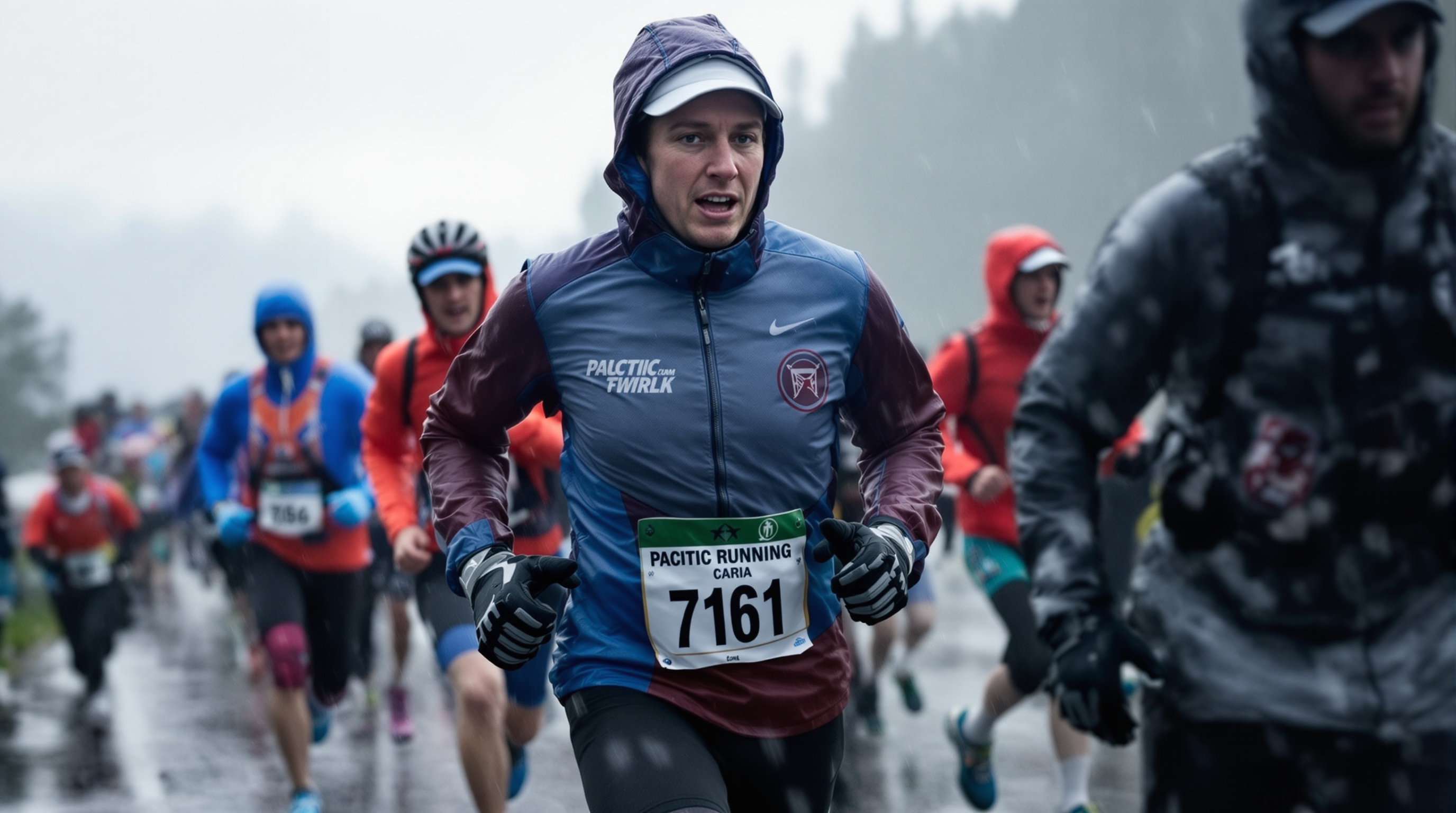 Determined runners in rain gear during winter race