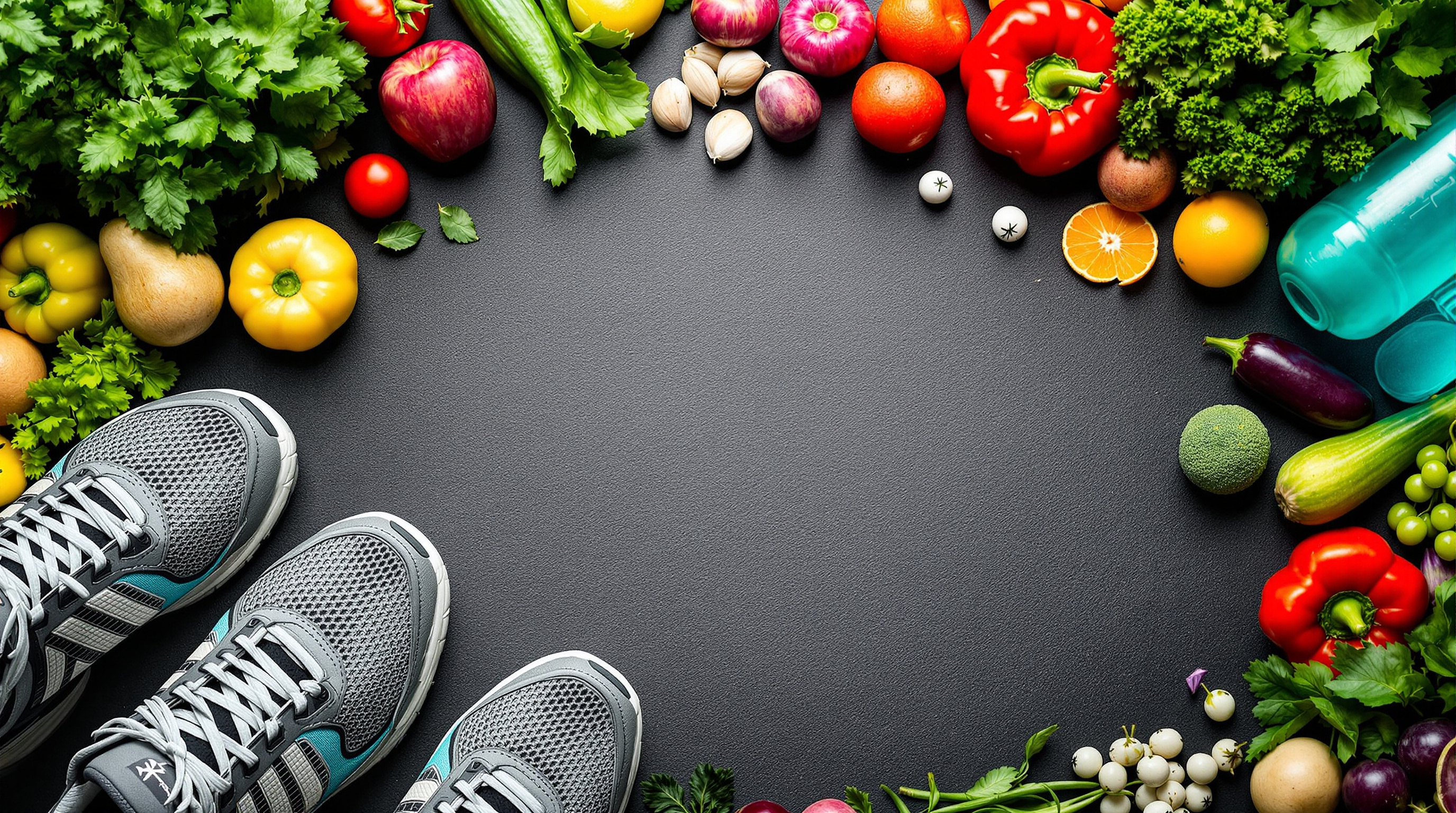 Healthy lifestyle with fresh vegetables, fruits, and running shoes