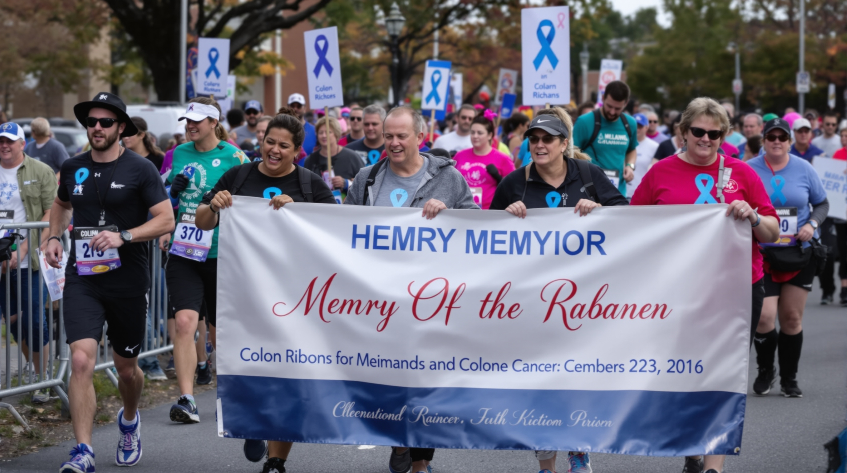 Runners holding memorial banner with awareness signs and blue ribbons