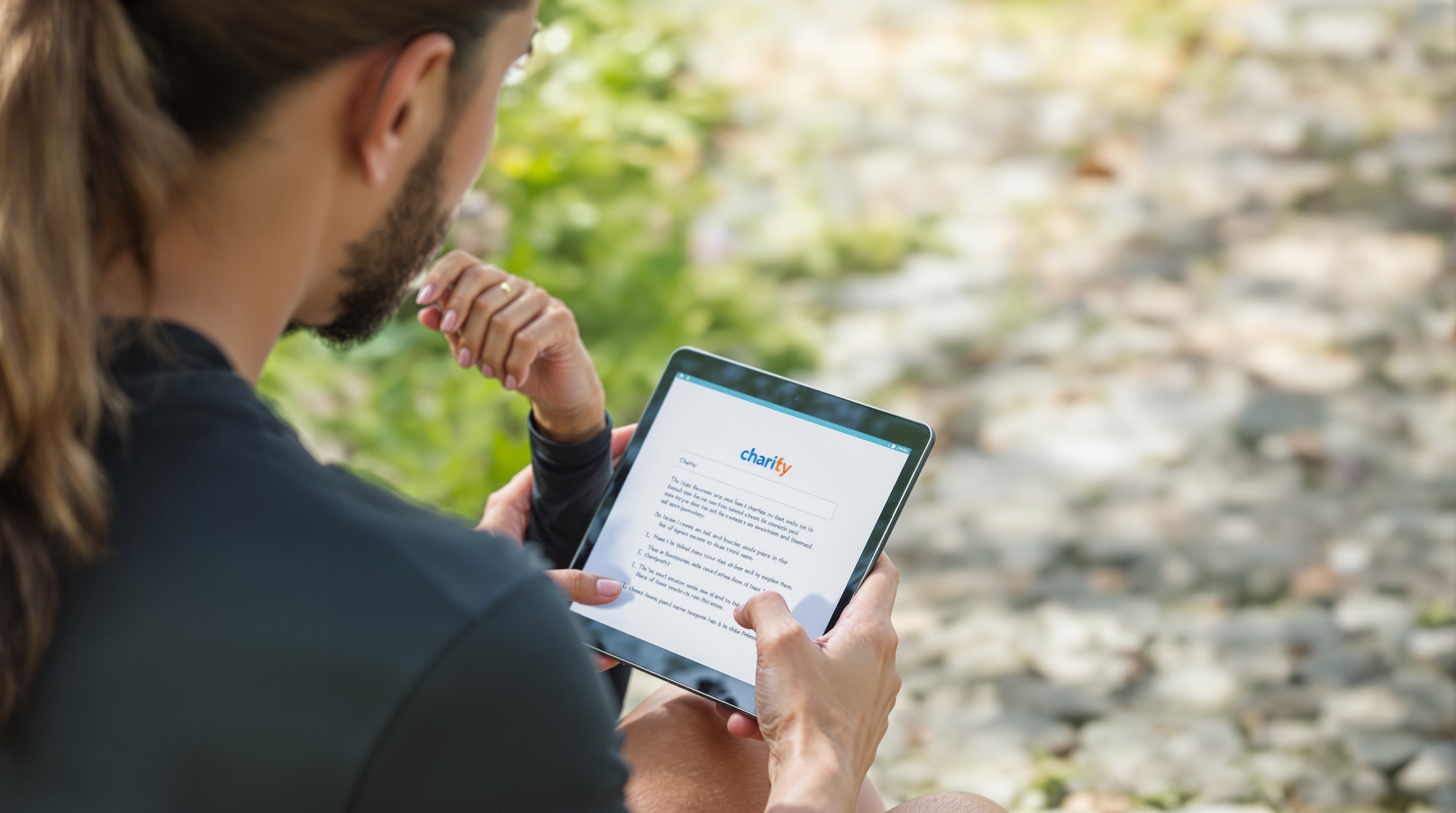Runner reviewing charity information and making thoughtful decision