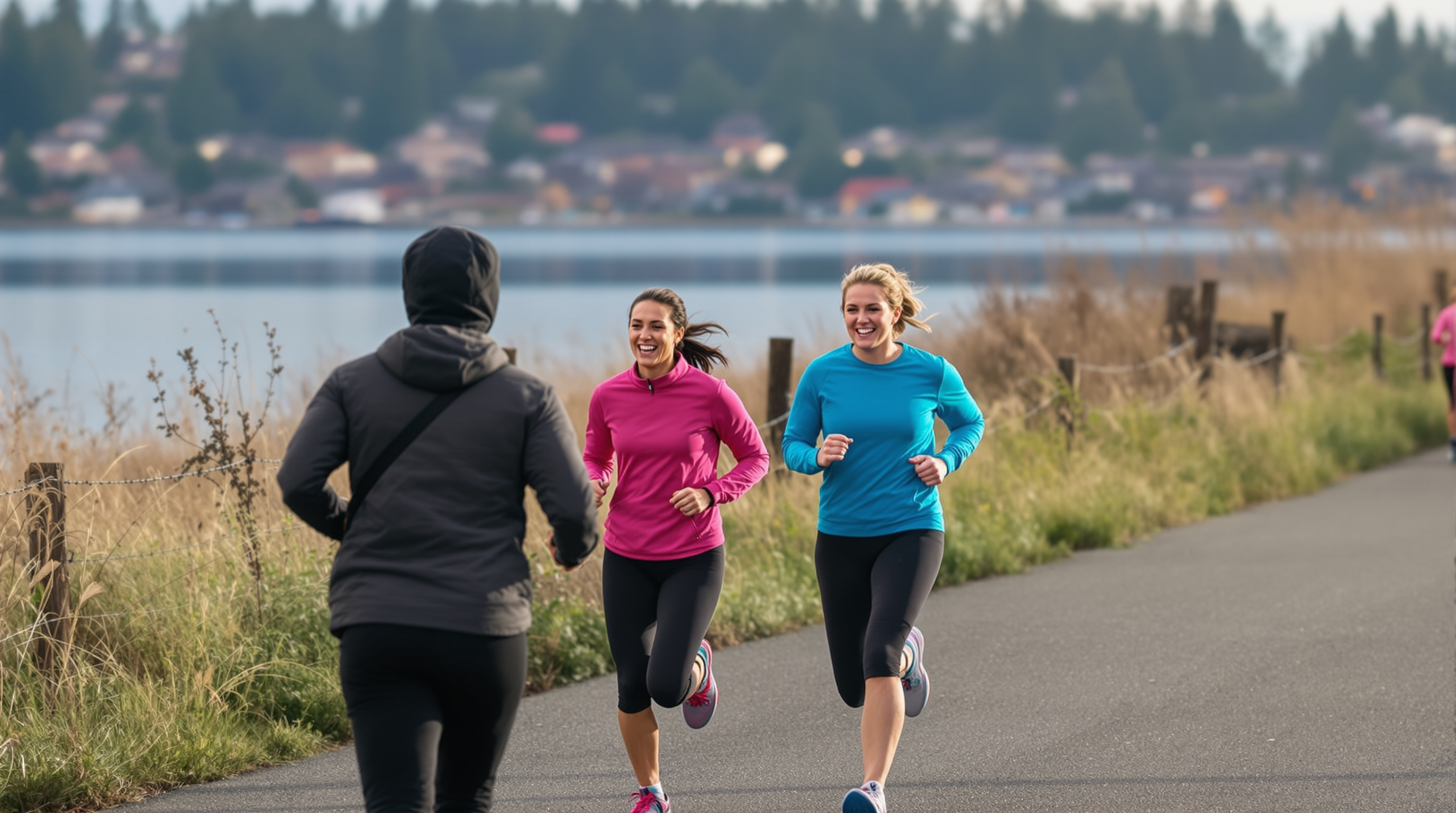 Small friendly running group on Mercer Island waterfront trail