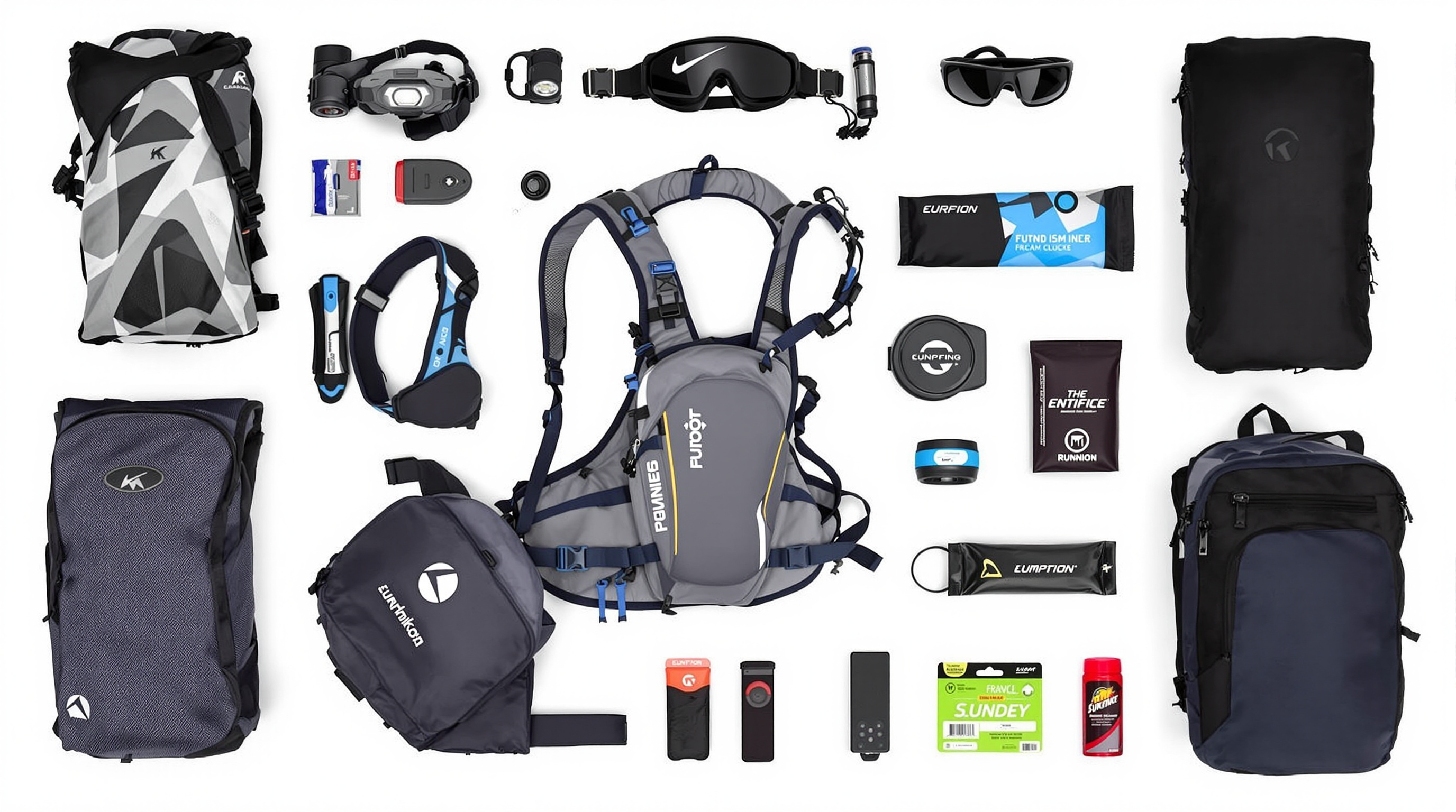 Collection of running accessories arranged aesthetically