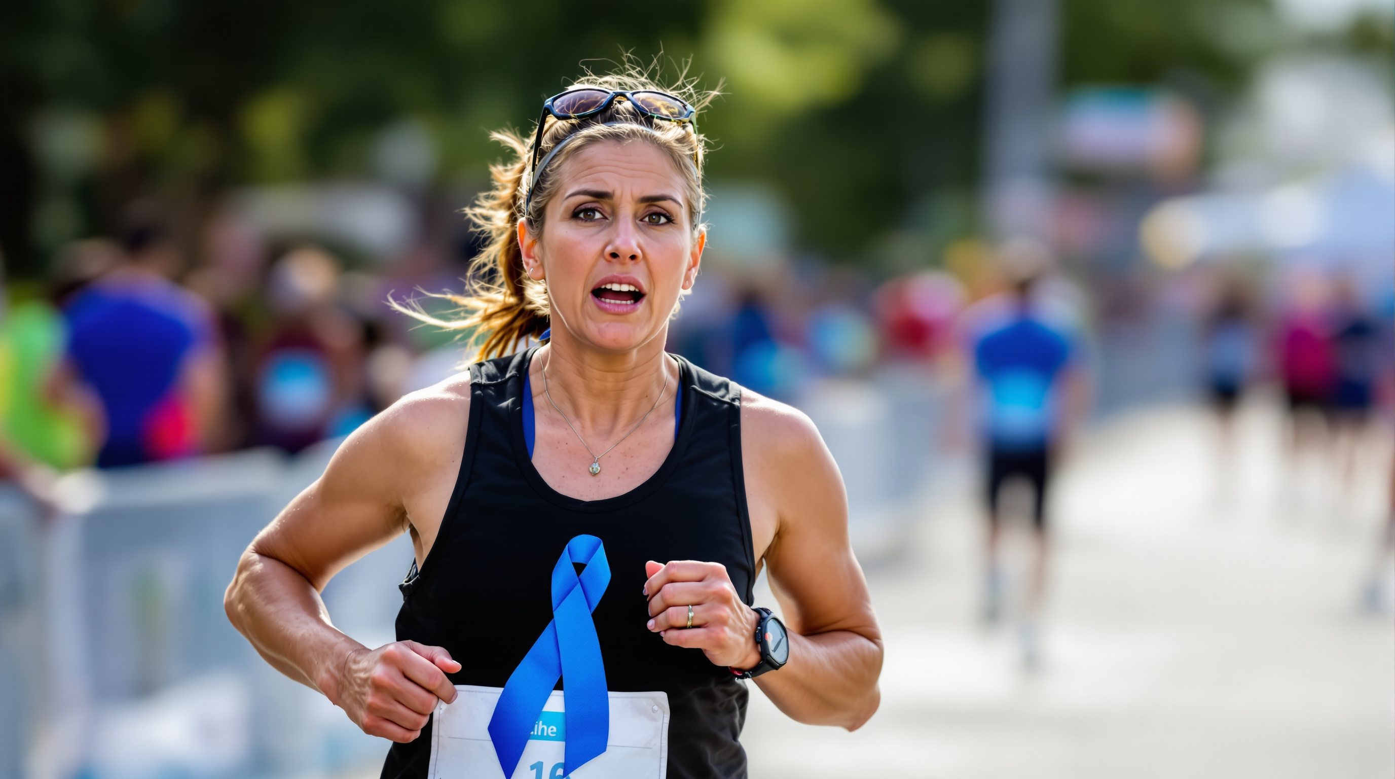 Runner wearing blue colon cancer awareness ribbon on race bib