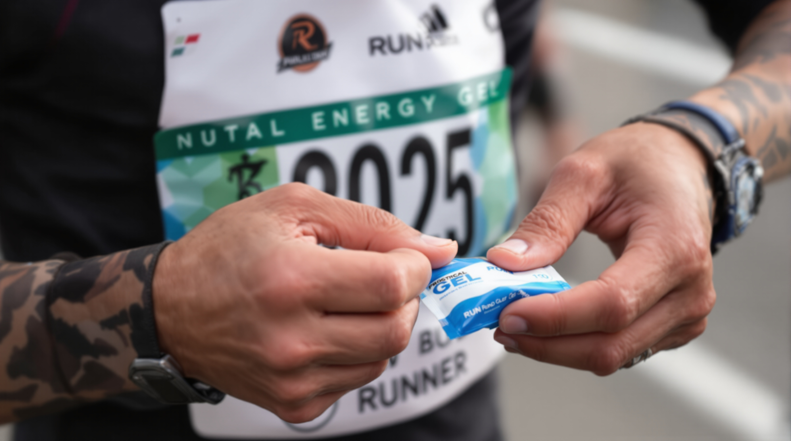 Runner's hands opening energy gel packet during race