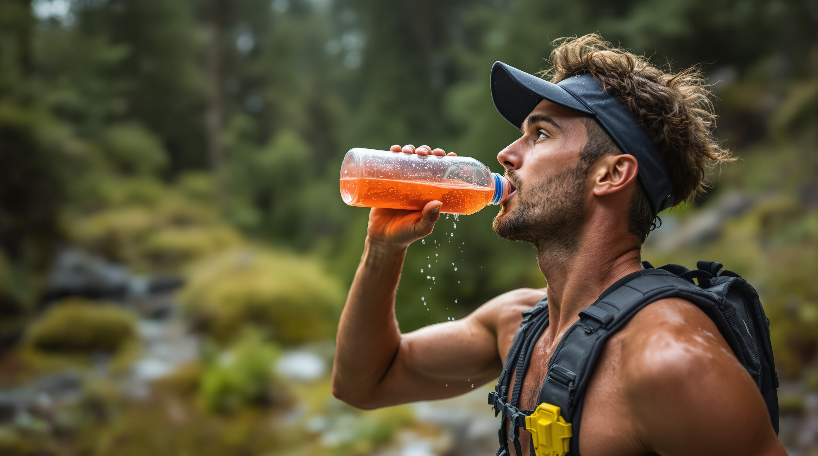 Runner drinking from hydration bottle during trail run