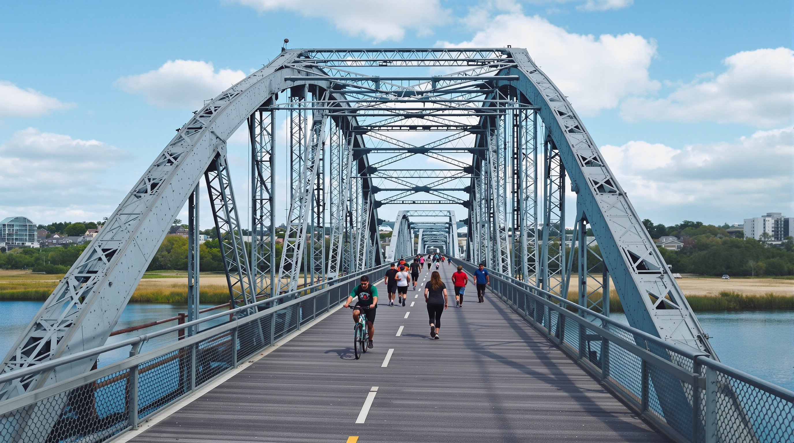 Wide shot of I-90 Trail bridge with cyclists and runners