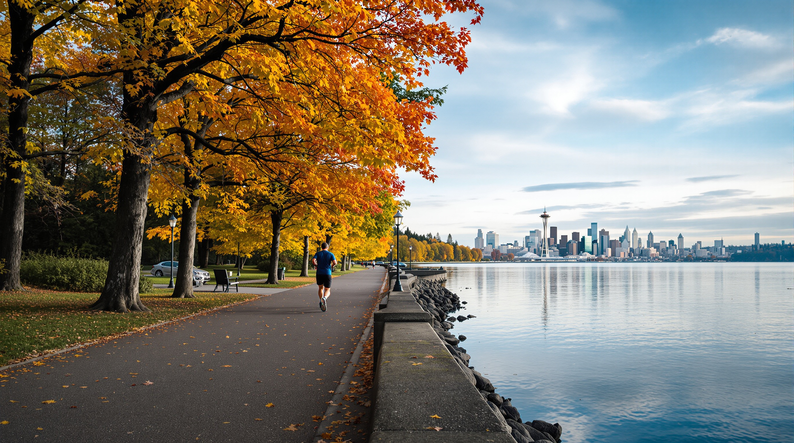 Runner on scenic waterfront path alongside Lake Washington with autumn trees